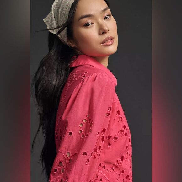 Anthropologie Eyelet Long Sleeve Embroidered Button-Down Mini Dress NWT - Picture 4 of 15